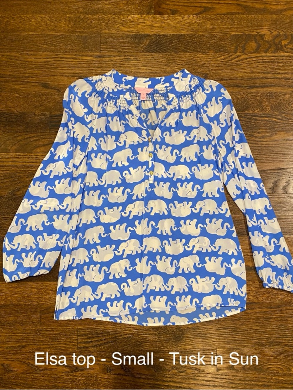 Lilly Pulitzer Elsa Silk Top in Tusk in Sun blue/white elephant print SMALL